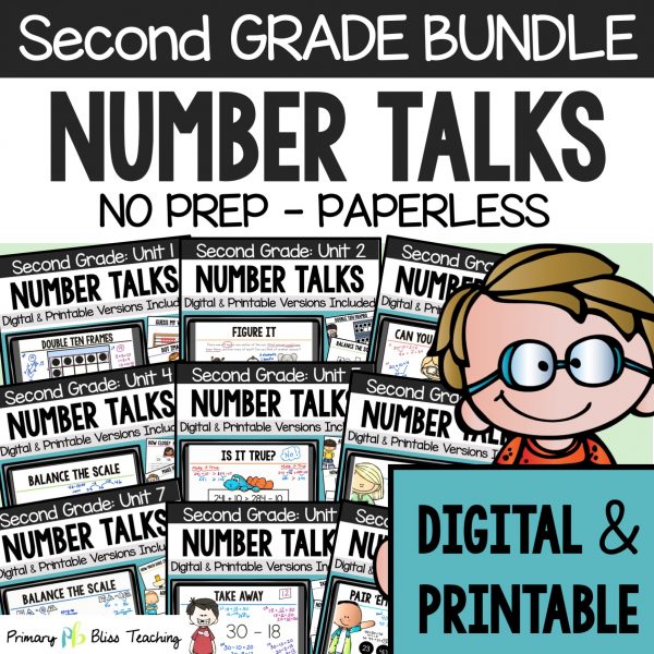 Second grade number talks yearlong bundle both digital and printable